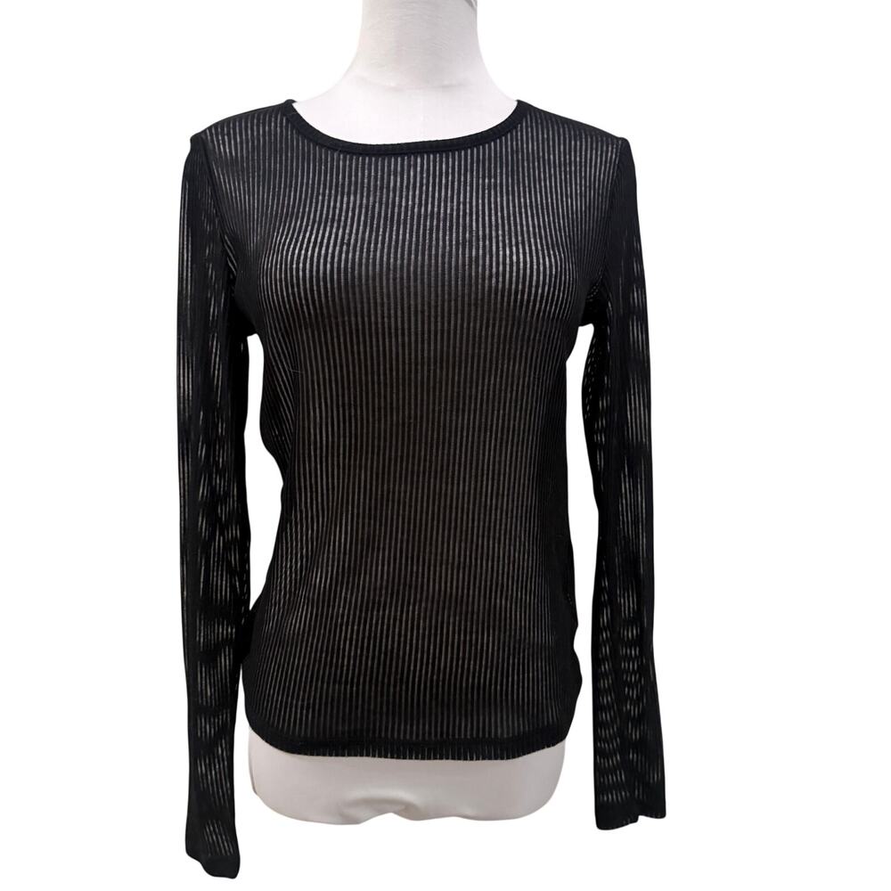 H&M Sheer Striped Mesh Long Sleeve Top Black Goth Grunge Y2K Medium Whimsigoth